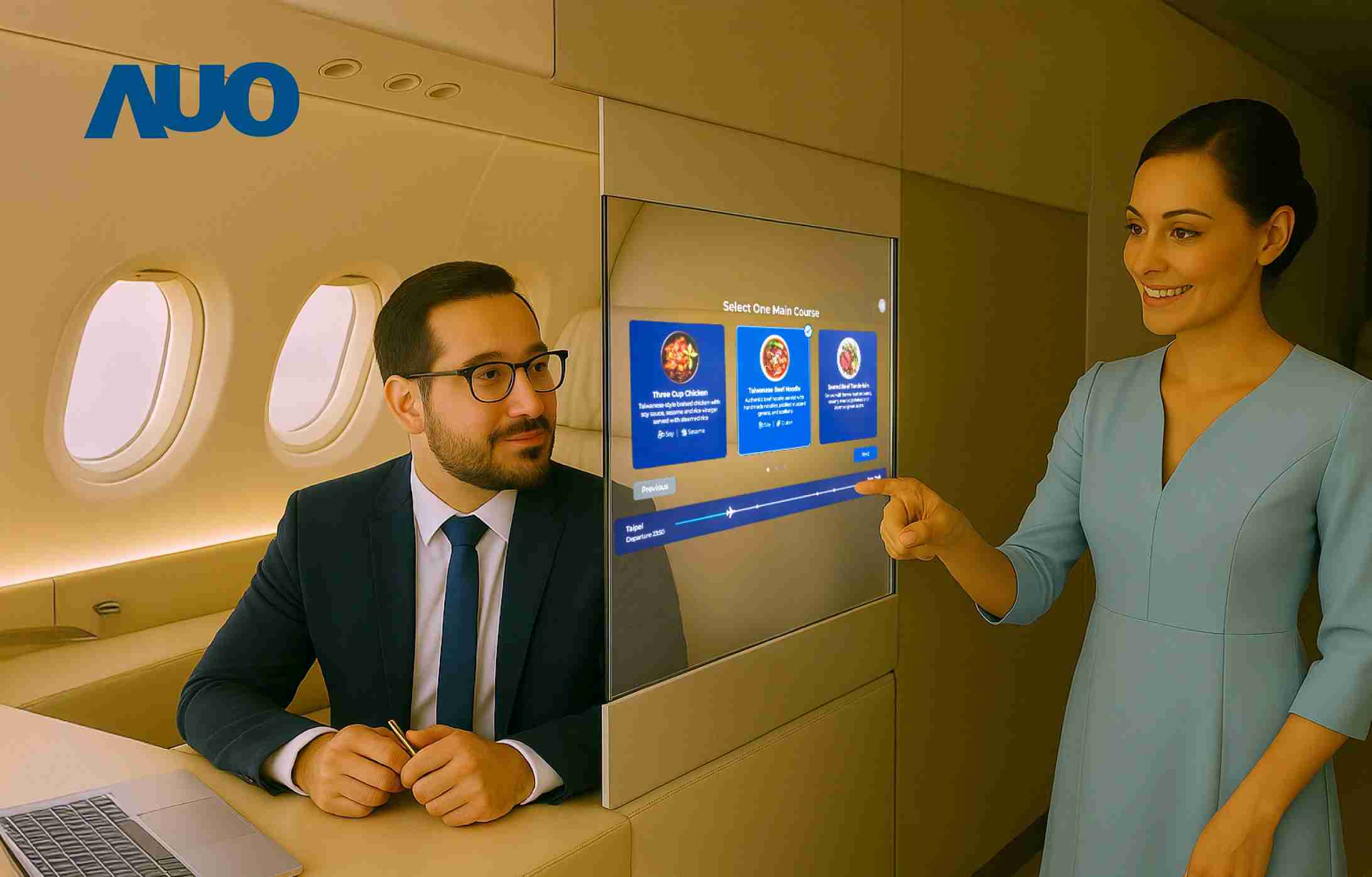 万利研发全球最薄17.3 吋双面透明 Micro LED 显示器，，可在同一屏幕之双边投射不同信息，，，创造独特的”透明化”互动；图为实时翻译交流应用情境